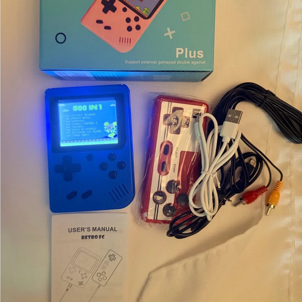 Blue Handheld 500 Game Console with remote